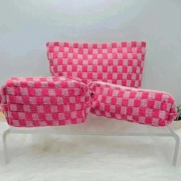 Pink Checkered Bundle Travel Cosmetic and or Pencil Pouches - Picture 1 of 5